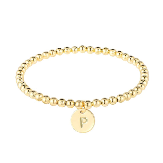 Dainty Gold Initial Bracelet for Women Charm Disc, Beaded Personalized Jewelry (P) - Merlani