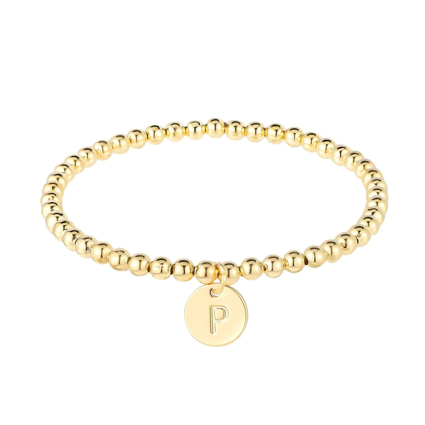 Dainty Gold Initial Bracelet for Women Charm Disc, Beaded Personalized Jewelry (P) - Merlani