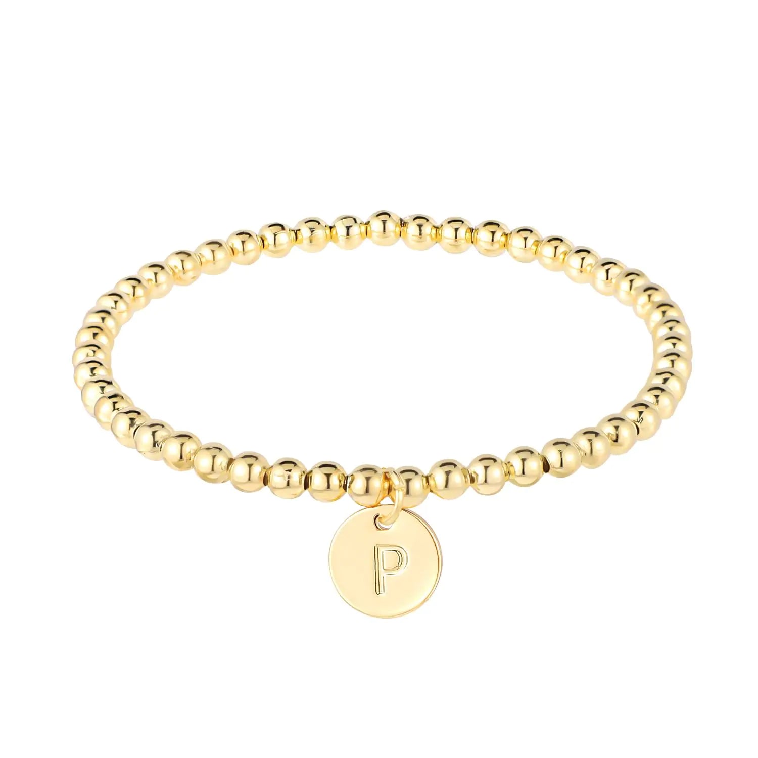 Dainty Gold Initial Bracelet for Women Charm Disc, Beaded Personalized Jewelry (P) - Merlani