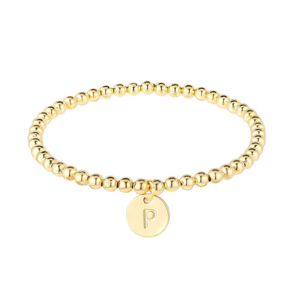 Dainty Gold Initial Bracelet for Women Charm Disc, Beaded Personalized Jewelry (P) - Merlani