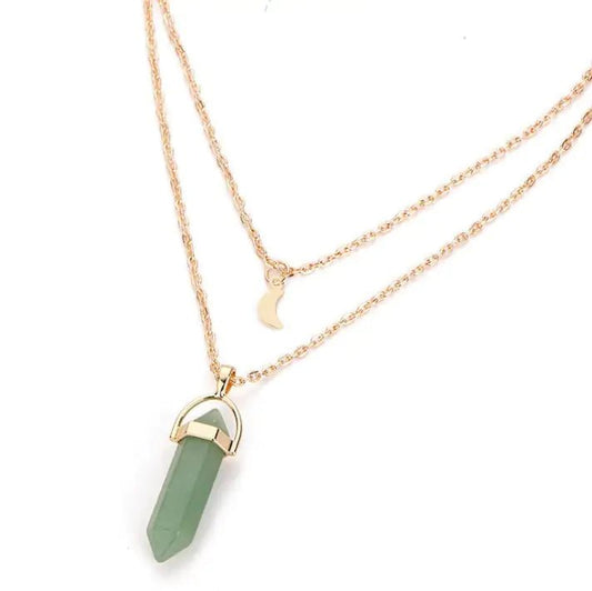 Natural Stone Hexagonal Glass Necklace – European and American Fashion Double Crescent Moon Bullet Pendulum Pendant - Merlani