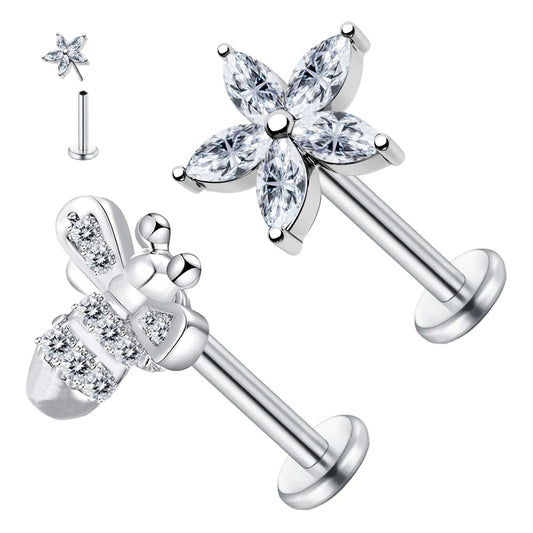 VERAMI 2PCS 16G Surgical Steel Push - In Nose & Lip Rings – Flower and Bee Threadless Flat Back Studs for Women - Merlani
